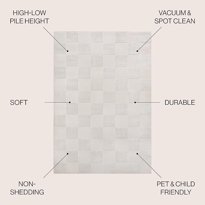 JONATHAN Y Checkerboard High-Low Indoor Area Rug 3X5 White/Cream, Thea Modern Geometric for Living Room, Bedroom, Kitchen, Office, Easy-Cleaning, High Traffic, Pet-Friendly, Non-Shedding SND103B-3