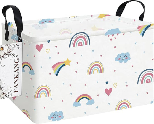 FANKANG Storage Bins, Nursery Hamper Canvas Laundry Basket Foldable with Waterproof PE Coating Large Storage Baskets for Kids Boys and Girls, Office, Bedroom, Clothes,Toys(Rec-Love Rainbow）