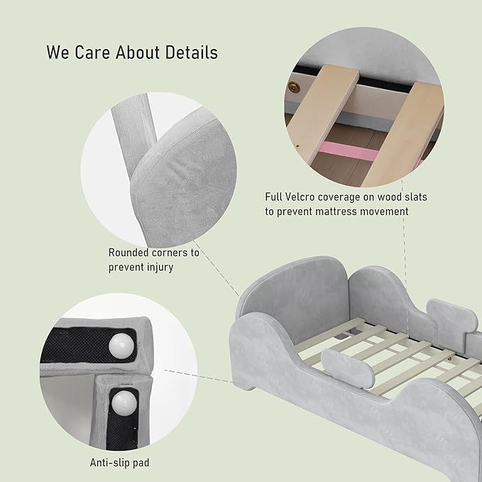 Toddler Bed, Toddler Flood Bed with Extra Safety Broad, Standard Crib Size for Kids, Certified Fabric Toddler Beds, Low to Floor Design (Grey)