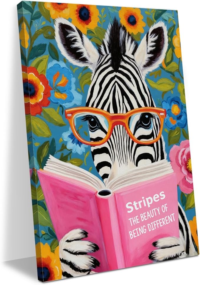 Whimsical Zebra Reading Book Art Print Literary Animal Book Lovers Gifts Wall Decor Canvas Wall Art Framed Artwork for Home Living Room Kitchen Office Decorations Paintings Pictures 11.5X14.5 Inch