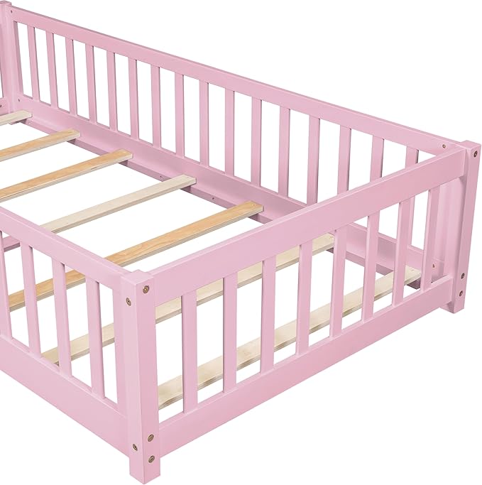 Twin Size Kids Montessori Floor Bed,Twin Floor Bed Frame with Slats,Solid Wood Twin Bed Frame for Girls Boys,Pink