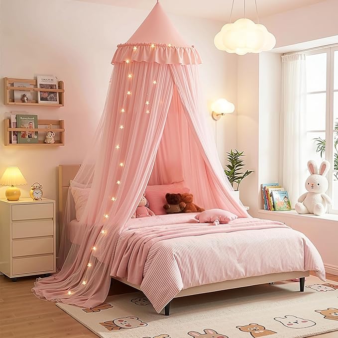 Bed Canopy with Star Lights, Double Layer Bed Canopy for Girls, Princess Canopy Bed Curtain for Twin Bed, Breathable Kids Dreamy Play Tent Room Castle Reading Nook, Machine Washable, 26''x125'' - Pink