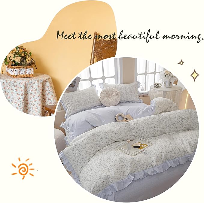 Garden Style Lace Duvet Cover Cute Blue Flower Print Ruffle Duvet Cover King Cotton Blue Striped Girls Floral Comforter Cover Lace Princess Bedding Set Vintage Floral Bedding Duvet Cover with Zipper