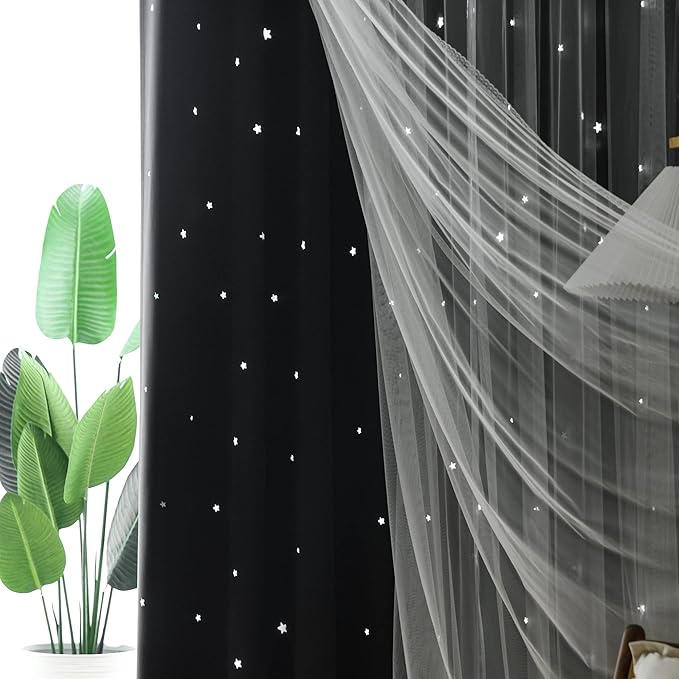 Kinryb Kids Blackout Curtains for Bedroom/Living Room/Classroom, Sheer Overlay 2 Free Tiebacks, Double Layer Curtains with Star Cutout for Kids Room(Each Piece W 70 x L 84 Inches 2 Pcs Black)