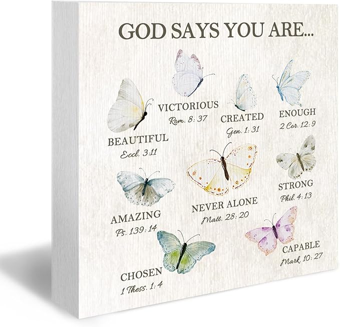 Christian Butterfly Wood Box Sign - Inspirational Bible Verse Desk Shelf Decor, Inspirational Desk Decor, Christian Gifts Butterflies Wooden Block Plaque Box Sign for Home Room Table Decorations