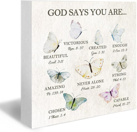 Christian Butterfly Wood Box Sign - Inspirational Bible Verse Desk Shelf Decor, Inspirational Desk Decor, Christian Gifts Butterflies Wooden Block Plaque Box Sign for Home Room Table Decorations