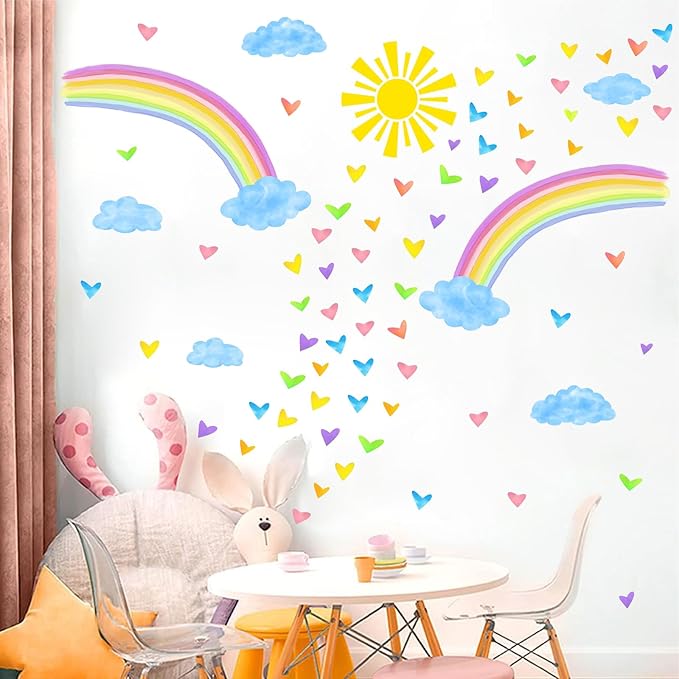 Colorful Rainbow Wall Stickers Watercolor Sun Clouds Wall Decals Cute Hearts Stickers for Girls Removable Peel and Stick Large Rainbow Decals for Girls Kids Room Nursery Classroom Decor