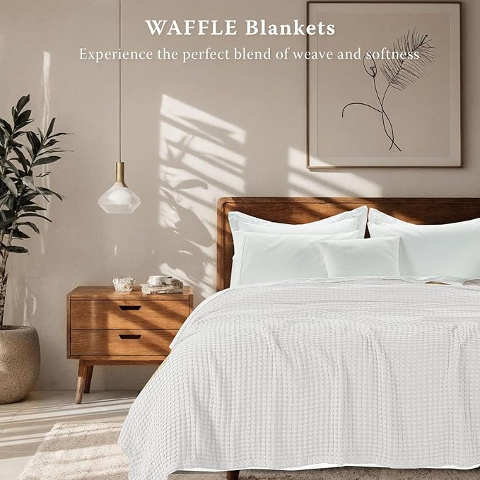 Threadmilll Cooling Waffle Blanket King Size | Breathable, Lightweight and Cooling | Made from Rayon Derived from Bamboo | Waffle Throw Blanket for Couch and Sofa | 106 x 92 Inches | White