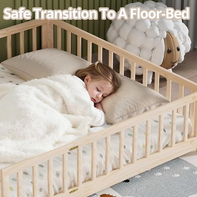 LLS Queen Floor Bed for Kids Toddlers, Solid Wood Multifunctional Montessori Bed Frame with Safety Guardrails, Without Door, Easy Assemble,Natural