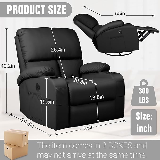 Rocking Recliner Chair, Massage Rocker Recliner Chair with Vibration Massage and Heat, USB and Type-C Ports,360° Swivel Faux Leather Chairs, Living Room, Bedroom, Nursery, RV, Black