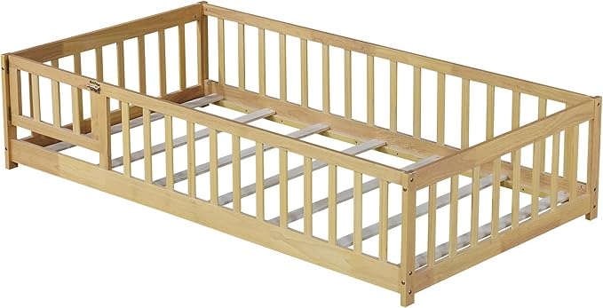 Bellemave Twin Size Floor Bed for Kids, Girls, Boys, Rubber Wood Floor Bed with slats and Door, Natural
