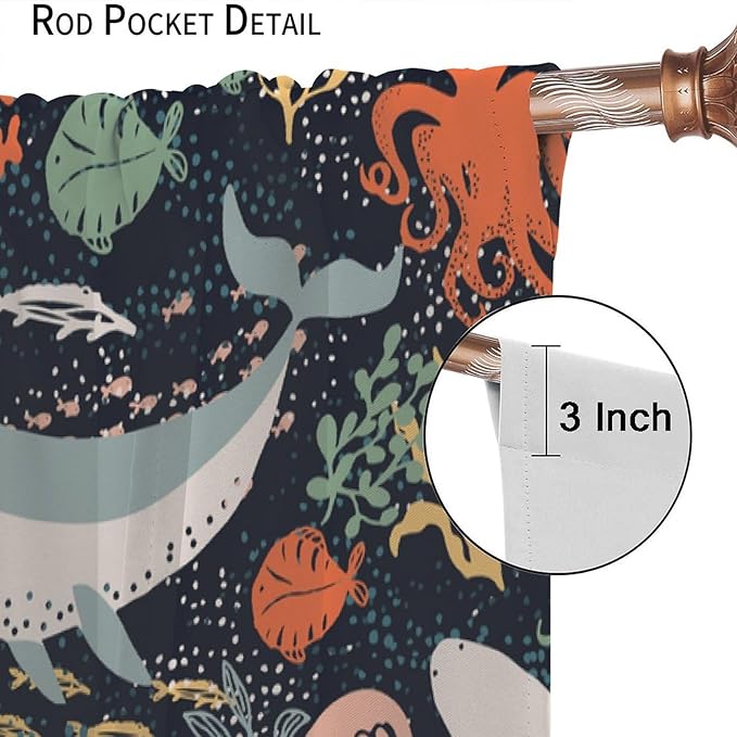 Sea Animals Curtain Cartoon Fish，Undersea Cute Whales Dolphin Underwater Wild Life Blue Ocean Boys Girls Waterproof Polyester Fabric Bedroom Decoration Set 2 Panels,55x63 Inches