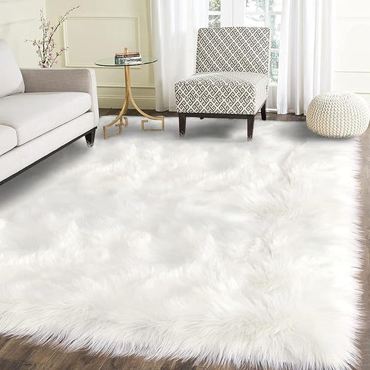Latepis High Pile Faux Fur Area Rug, 5 x 8 ft, White, Fluffy Rug for Bedroom, Living Room, Playroom, Nursery