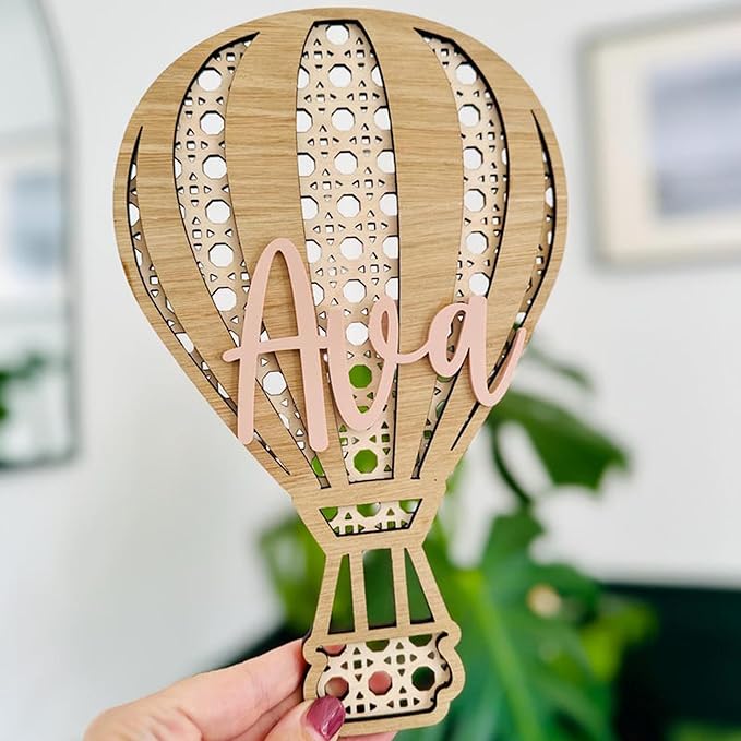 Personalized Hot Air Balloon Wooden Baby Name Sign, Hot Air Balloon Wall Decor Boho Wooden Sign Nursery Home Decor for Nursery Bedroom, 3D Wooden Layered Handmade Letter Wall Decor