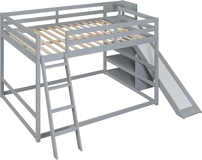Full Over Full Bunk Bed with Ladder, Wooden Bunk Bed Frame with Slide and Shelves, Low Bunk Bed for Kids Teens Adult, Space-Saving Bedroom Dormitory Furniture (Gray + Pine-05)
