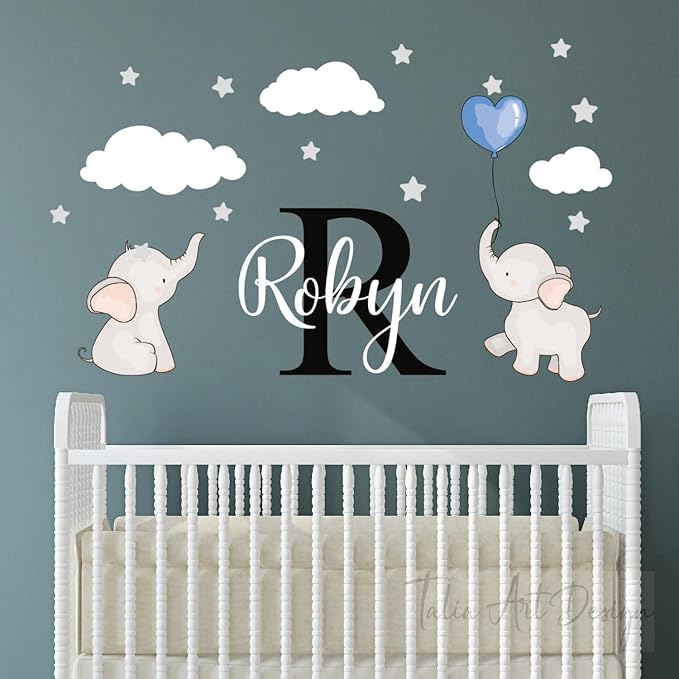Personalized Elephant Wall Stickers - Custom Name & Initial with Clouds & Stars Nursery Decal for Baby Girl or Boy Room Decor.