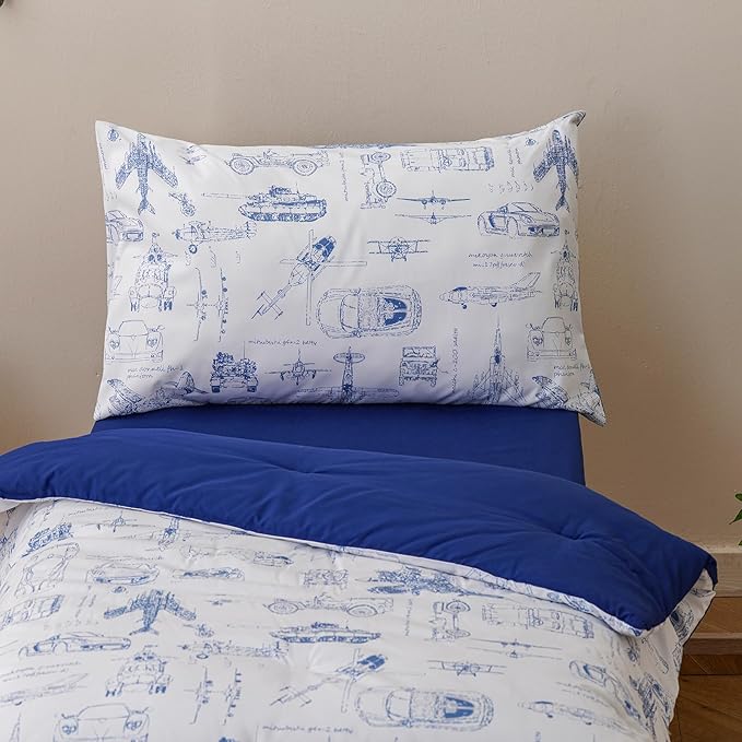 KAREVER Cartoon Toddler Bedding Set Vehicles Print 4 Pieces Crib Bed Set Kids White Blue Car Plane Print Comforter Set
