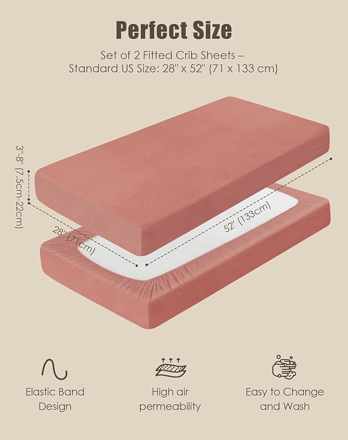 SWEET DOLPHIN 2-Pack Muslin Crib Sheets for Boys & Girls, Ultra Soft Breathable 40S Long-Staple Cotton Fitted Baby Sheets for Standard Crib Mattress 52"x28", Deep Bean Paste- Nursery Essentials