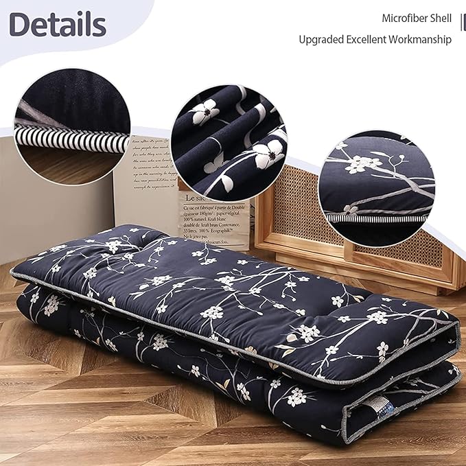 MAXYOYO Japanese Floor Mattress Navy Floral Printed Futon Mattress Foldable Floor Bed Roll Up Camping Mattress Floor Lounger Queen Size Bed Mattress