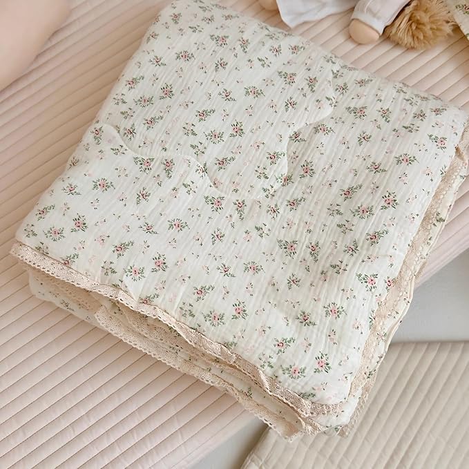 BuLuTu 2-Layer Muslin Cotton Kids Quilt for Twin Bed, Soft Gauze Blanket Lace Edged, Girls Boys Toddler Comforter, Breathable Lightweight, Pomegranate Pattern, 60"x78", Machine Washable