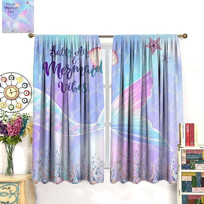 Fantasy Mermaid Curtain Colorful Rainbow Fish Tail Ocean Theme Beautiful Kids Window Treatment for Girls Bedroom Nursery Room Decor Rod Pocket Window Drapes 72x63in