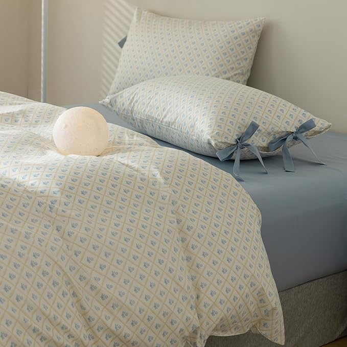Blue Floral Duvet Cover Queen Teen Girls Cottagecore Coquette Bedding Set Queen 3 Pieces Soft Cotton Peach Flowers Comforter Cover with Bow Ties Pillowcases,Vintage Country Bedding Sets for Queen Bed
