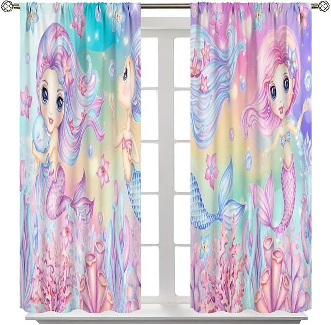 Cartoon Mermaid Kids Curtain Fantasy Ocean Theme Coral Flower Floral Window Treatment for Kids Girls Bedroom Nursery Room Decor Rod Pocket Blackout Window Drapes 63x72in