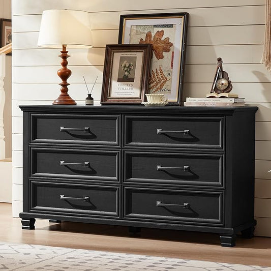 Farmhouse 6 Drawer Dresser for Bedroom, 54 inch Wide Rustic Vintage Chest of Drawers with Square Solid Wood Legs, Large TV Stand for Living Room, Wooden Storage Dressers for Hallway, Black