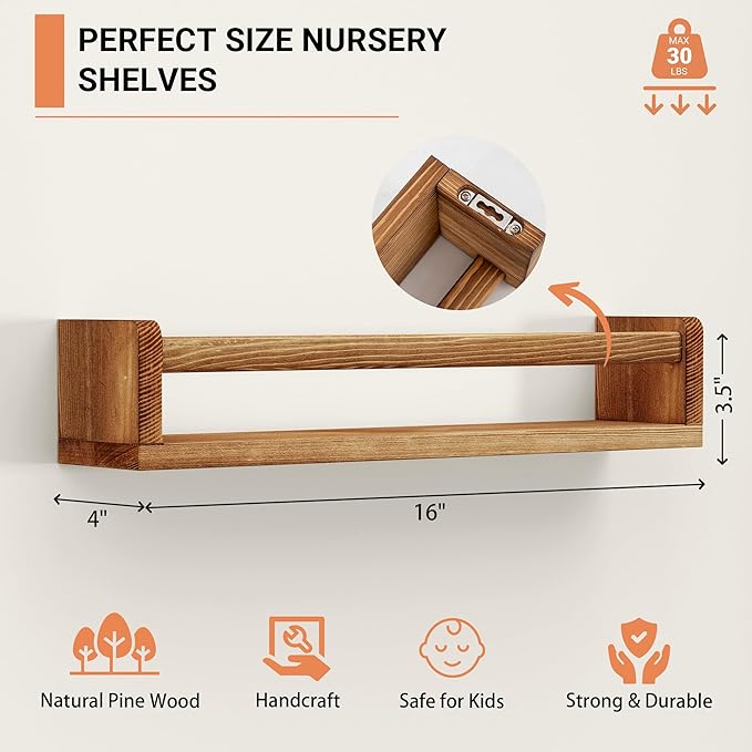 Heimlove Nursery Floating Shelves, Nursery Book Shelves for Wall, 16 inch Bookshelf for Kids Solid Wood Mounted Shelves for Books,Toys and Decor Storage, Set of 2