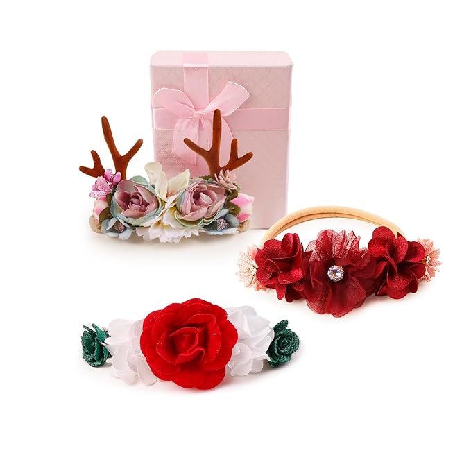 Baby Girl Floral Headband Nylon Flower Crown Elastic Hairband 3pcs Hair Accessories Gift for Girls (shengdan-2)