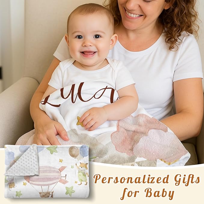 Personalized Baby Blanket for Girls, Custom Name Blanket for Newborn New Mom, Soft Flannel with Double Layer Dotted Backing, Gifts for Baby Shower Christmas Birthday, Hot Air Balloons(30”x40)