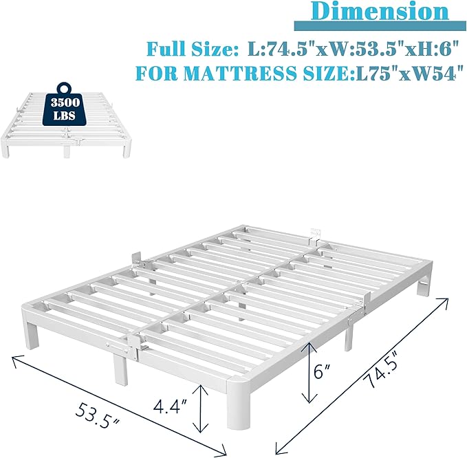 6 Inch Full Size Bed Frame with Metal Gaskets, White Full Bed Frame No Box Spring Need, Heavy Duty Steel Platform Support, Round Corner Legs, Easy Assembly, Noiseless