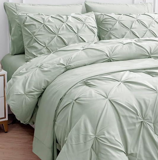 LANE LINEN Twin Comforter Set, 5 Piece Twin Bedding Sets, Ultra Soft Pintuck Twin Bed in a Bag Set with Down Alternative Comforter, Sheets, Pillowcase & Sham, Pinch Pleated Kids Bedding Set - Mineral