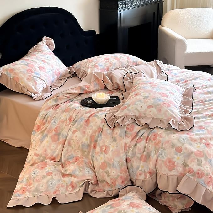 HighBuy Luxury Ruffled Duvet Cover King with Pink Floral Ruffle Edge,Soft Brushed Cotton Floral Bedding Set for Women Girls,Chic Farmhouse Comforter Cover Set,1 Duvet Cover and 2 Ruffle Pillowcase