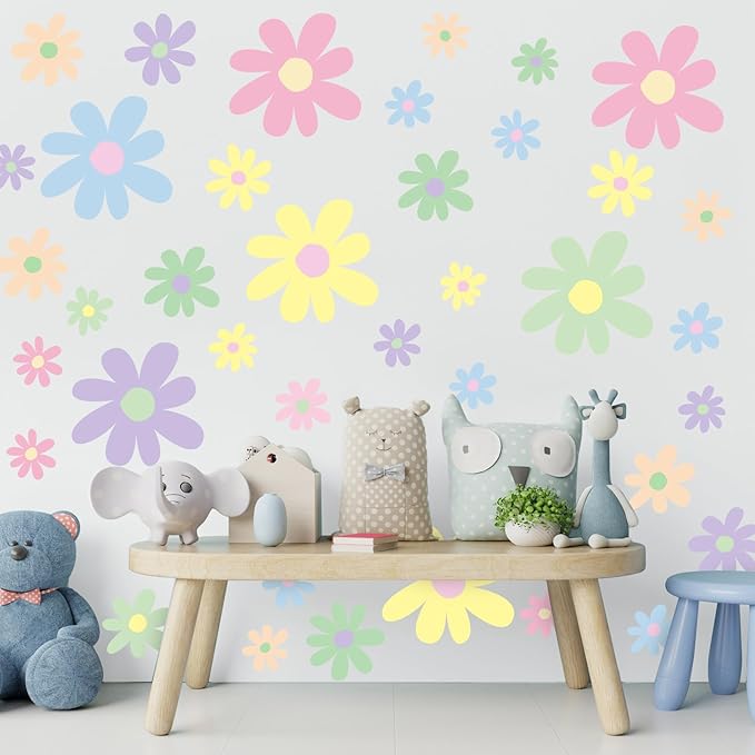 TaoBary 12 Sheets Daisy Wall Decal Flower Wall Sticker Cute Daisy Sticker Pink White Flower Decal Peel and Stick Floral Wallpaper for Nursery Bedroom Home Decor(Fresh Color,Attractive Style)