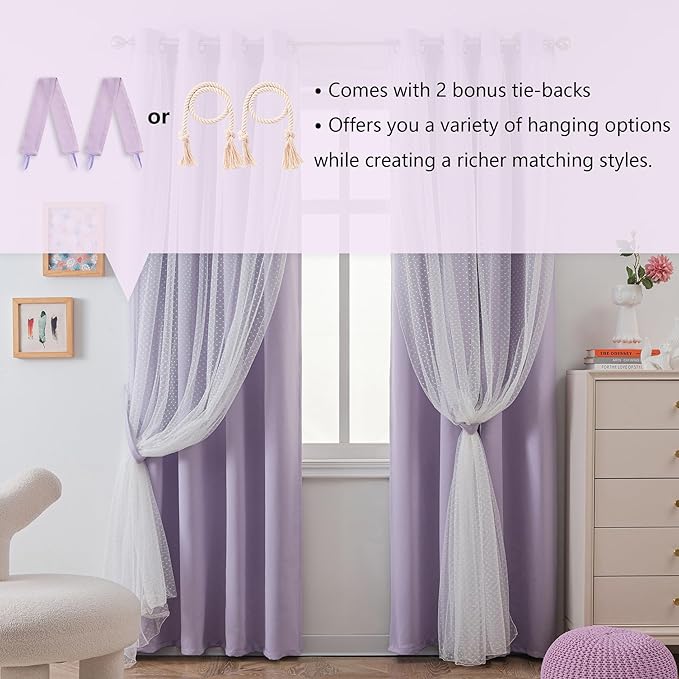 MYSKY HOME Cute Lilac Curtains for Girls Bedroom & Nursery Kids Purple Lavender Blackout Curtains 72 inch Long Double Layer with Polka Dots Sheer, Grommet Tops, 52" Wide, 2 Panels
