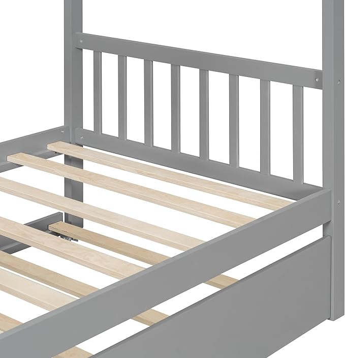 Harper & Bright Designs Twin House Bed for Kids, Wood Platform Bed with Trundle, Montessori Bed with Roof, Playhouse Trundle Beds for Kids,Teens, Bedroom, Gray