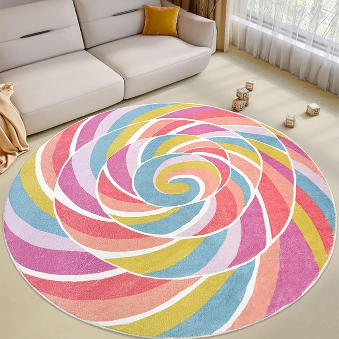 Kids Rug 5Ft Large Round Lollipops Play Mat Circle Rainbow Rug for Girls Bedroom Round Nursery Mat Classroom Carpet for Children, Colorful Playroom Candy Decorations