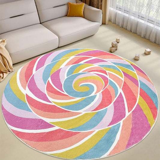Kids Rug 5Ft Large Round Lollipops Play Mat Circle Rainbow Rug for Girls Bedroom Round Nursery Mat Classroom Carpet for Children, Colorful Playroom Candy Decorations