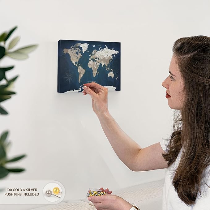 ElephantStock - My World Adventures Push Pin Travel Map I Wall Art - Horizontal Canvas Wall Art - Living Room Wall Decor - Printmaking Map Canvas Art - Blue And Beige Decor - 12" x 8"