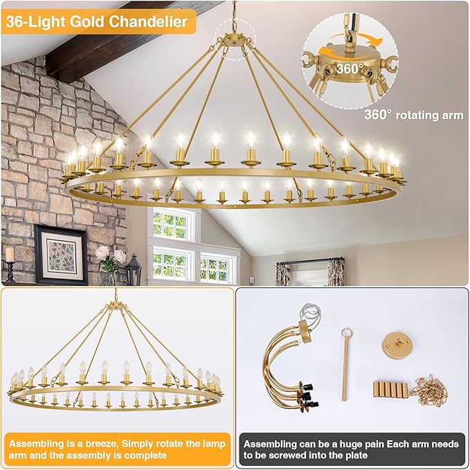 Wagon Wheel Chandelier, 36-Light Gold Large Round Modern Farmhouse Chandelier with Adjustable Height Island Light Fixture for High Ceiling Dining Room, Kitchen, Living Room, Entryways, Foyer