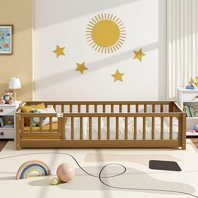 i-POOK Queen Floor Bed Frame with Wood Slats, High Fence & Small Door, Pinewood Montessori Floor Bed for Girls and Boys,Light Espresso