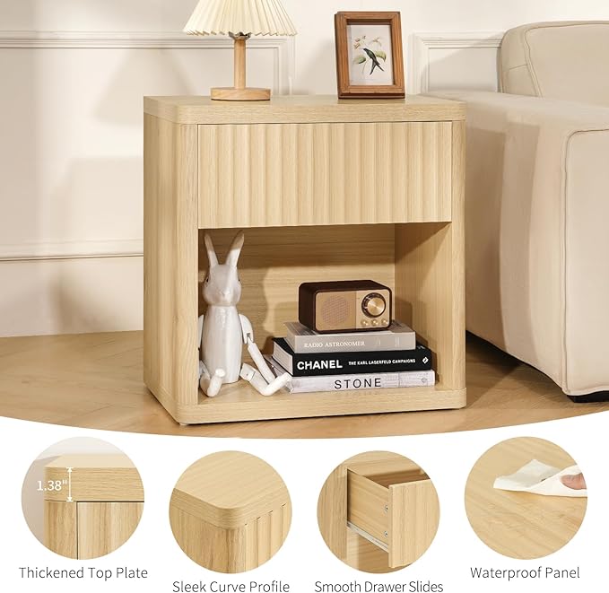 Night Stand Set of 2, Fluted Nightstand with Drawers, Wood Bedside Table with Storage, Bed Side Table Large Nightstands, End Tables Sofa Side Tables Night Stands for Bedroom Living Room