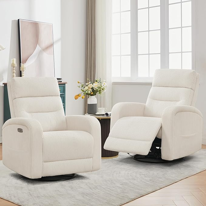 Power Nursery Swivel Recliner, Electric Rocking Recliner with USB and Type-C Port, Swivel Glider Nursery Recliners for Living Room,Corduroy White