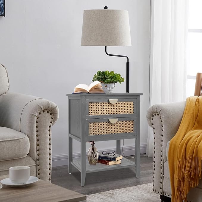 Nightstands with 2 Drawers, Rattan Night Stand Bedside Table End Table Standing Storage Cabinet Organizer Dresser Drawer and Shelf for Entryway, Living Room, Bedroom, Nursery(Grey)