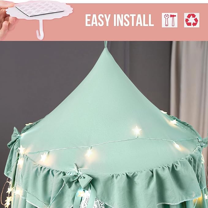 Kertnic Bed Canopy for Girls, Ruffled Soft Pink Princess Canopy Dreamy Bow Decor, Bed Canopies for Kids Room, Hanging Canopy Bedding Drapes Toddler Reading Nook Play Tent (Green)