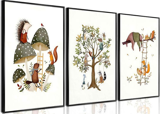 3Pcs Woodland Safari Animals Nursery Canvas Wall Art Baby Jungle Small Animal Wall Decor Pictures Tree Bear Rabbit Fox Hedgehog Kids Posters Prints for Classroom Children Bedroom Decoration Unframed