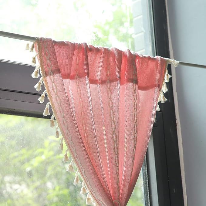 Deeprove Blush Pink Boho Curtain Valance for Cafe Kitchen Nursery Decor, Sheer Bohemian Farmhouse Cotton Linen Short Panel Tassel Toddler Baby Girl Princess Theme Window Treatment, W52 x L18, 1 Piece