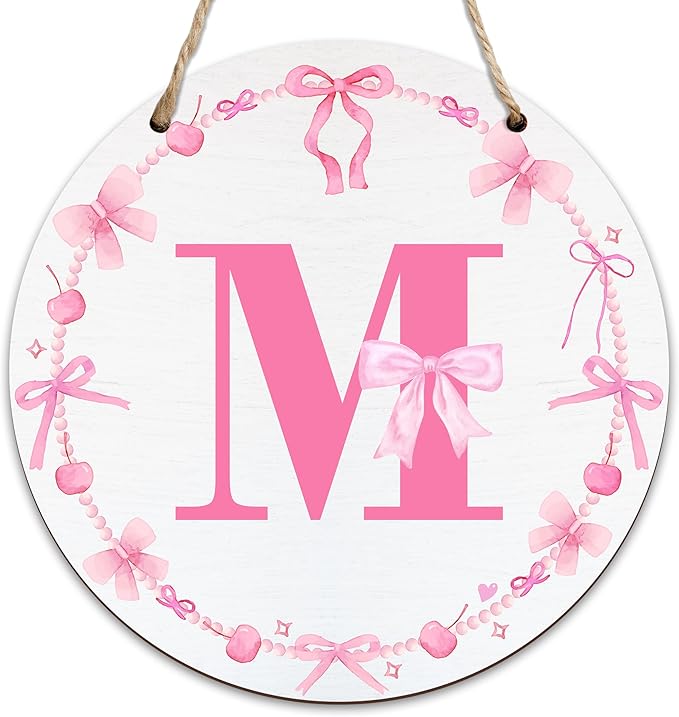 Monogram Round Sign For Front Door, Cherry Bow Theme Sign For Porch Art Wall Door, Initial Signs Hanging Ornament For Indoor Outdoor, Decorations Gifts For Four Seasons Rustic Home Kitchen, M, A13