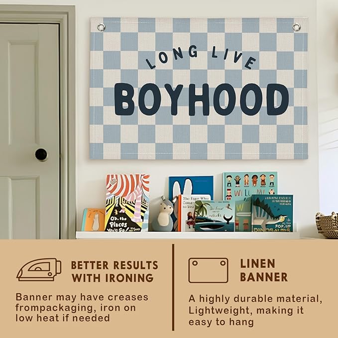 Lacama Blue Long Live Boyhood Boys Room Decor, Boy Nursery Decor, Linen Banner Wall Hanging Canvas Banner Flag Decor for Toddler Boy Room Nursery 30x20 In